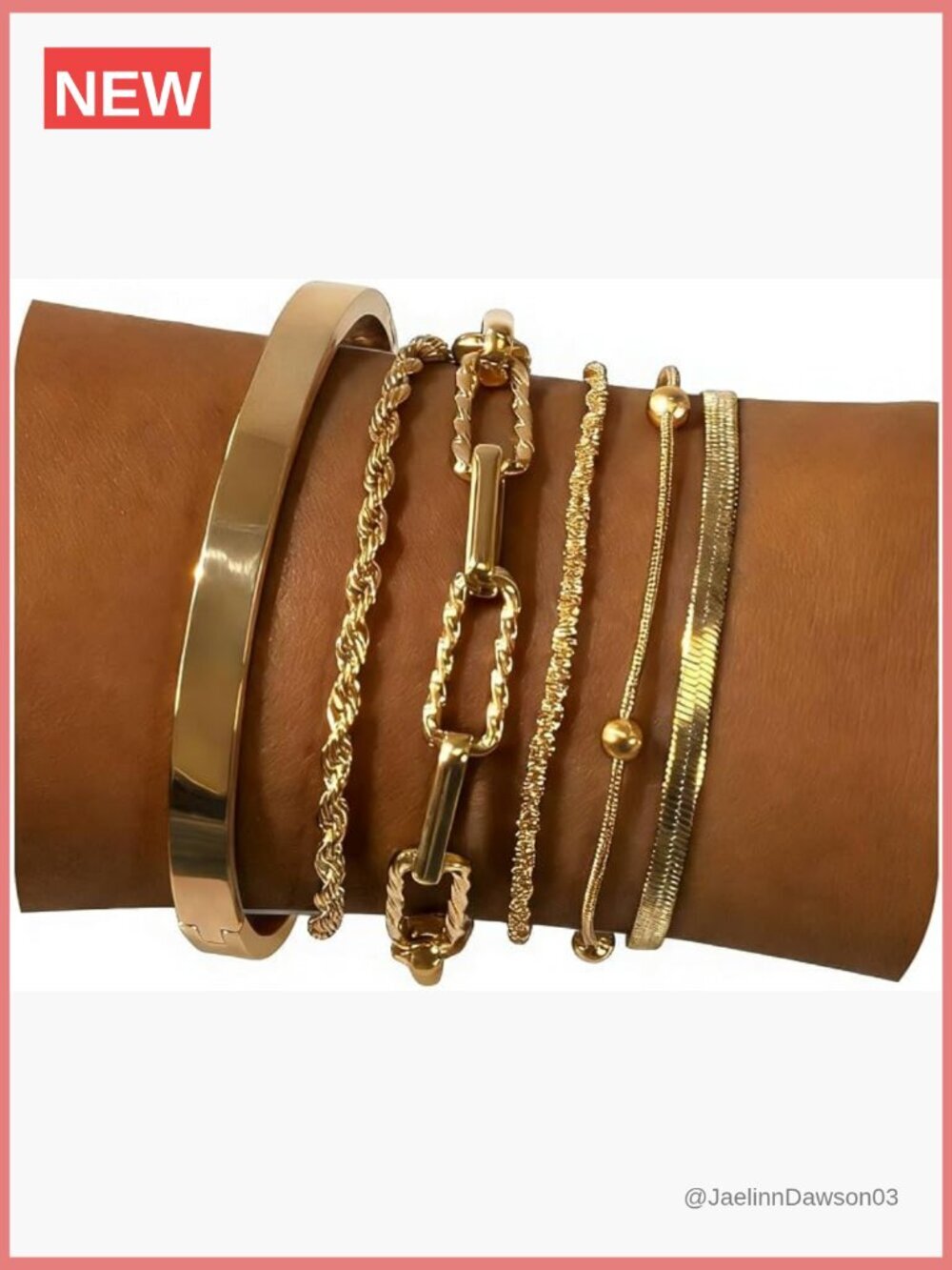 6 Gold Bracelets Set - Stacking Cuban Paperclip Chain & Cuff Bangles